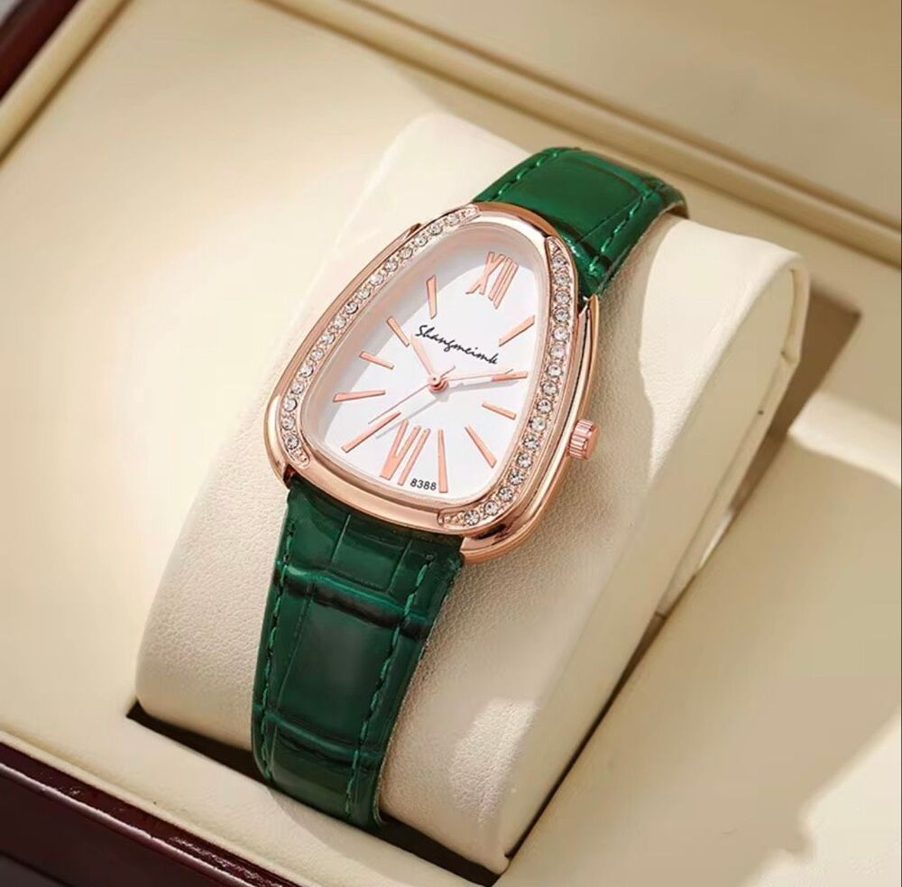 Womens Green Vegan Leather Crystal Watch Rose Gold Tone Elegant Dress Wristwatch